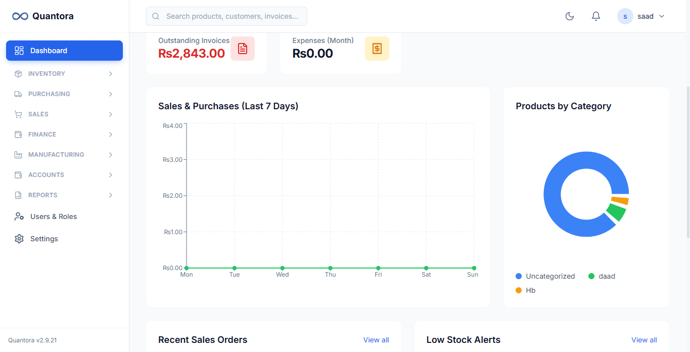 Quantora ERP product interface